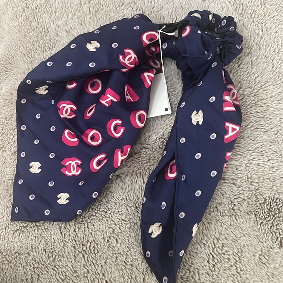 Chanel Navy Blue Logo Hair Accessory Scarf and Scrunchie